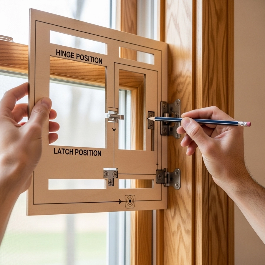 how to install window bars template with hinge and latch positions marked on jambs