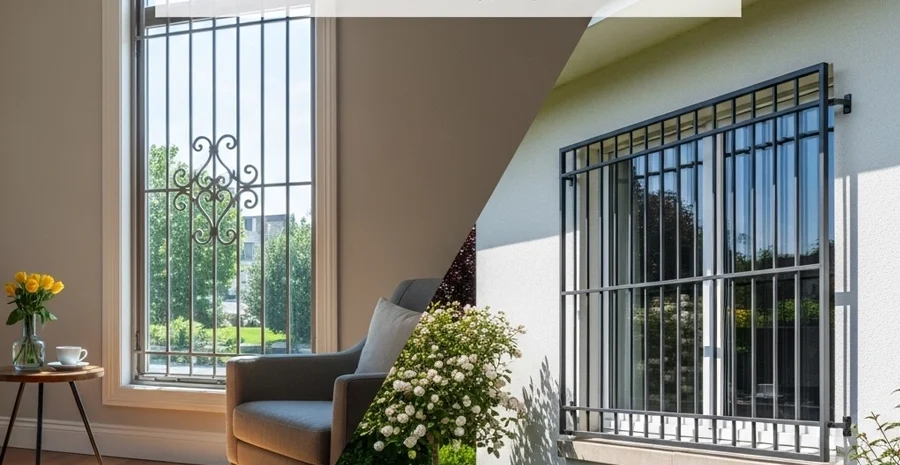 nterior vs exterior window bars comparison on brick home