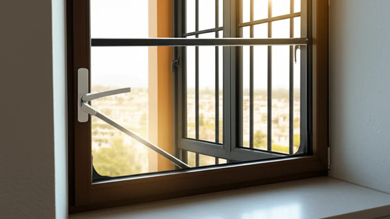 Apartment bedroom interior with egress-compliant matte black steel window bars installed showing quick-release mechanism, warm natural light