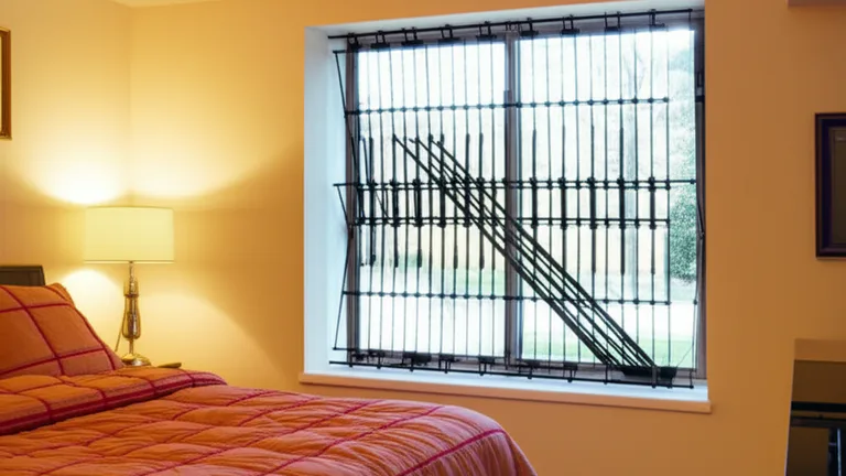 Basement bedroom interior with egress window fitted with matte black telescopic steel security bars, cozy residential atmosphere