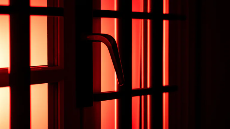 Bedroom window egress-compliant quick-release security bar mechanism shown in safety scenario lighting