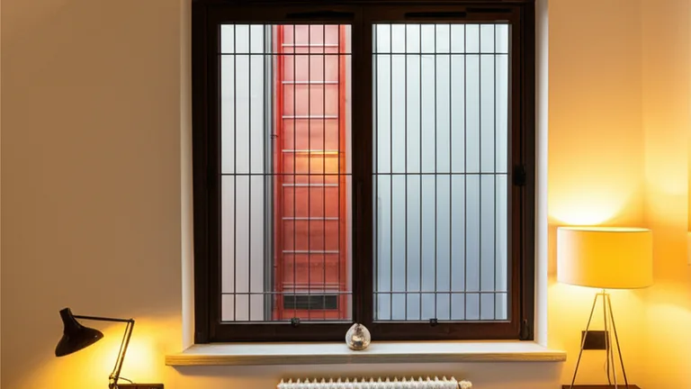 Bedroom window with quick-release steel security bars and fire escape visible through glass in warm evening light