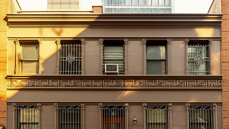 Chicago brownstone ground-floor windows showing multiple window bar styles from ornamental to minimalist in golden morning light
