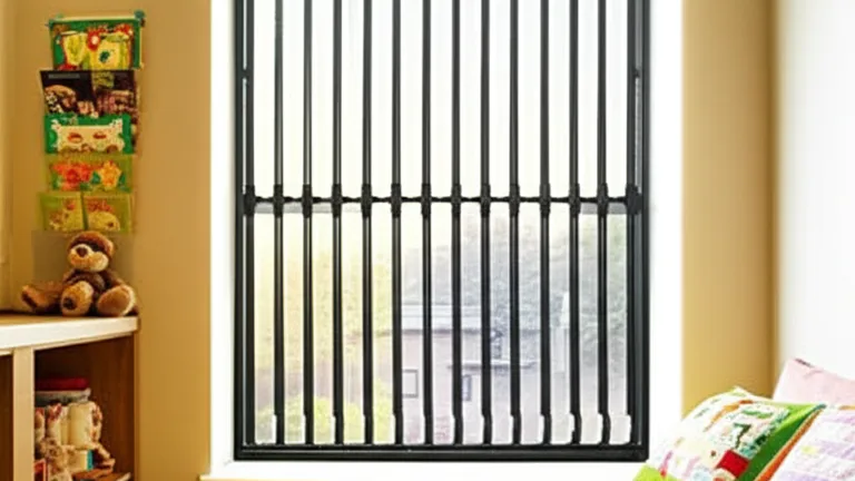Children's bedroom in American apartment with steel window guard installed for child fall prevention, warm residential interior, multifamily housing safety