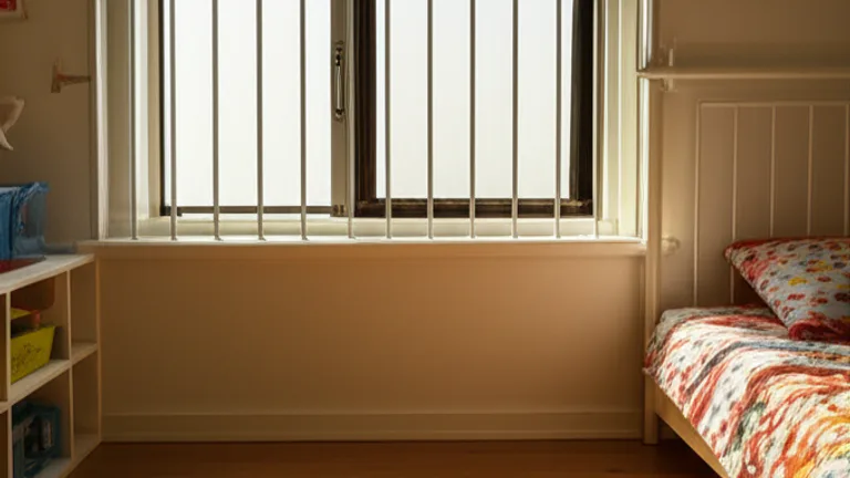 Children's bedroom in NYC apartment with egress-compliant quick-release steel window security bars in morning light