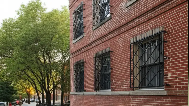 Classic American brick rowhouse ground floor exterior with black steel cross-bar window security bars at golden hour