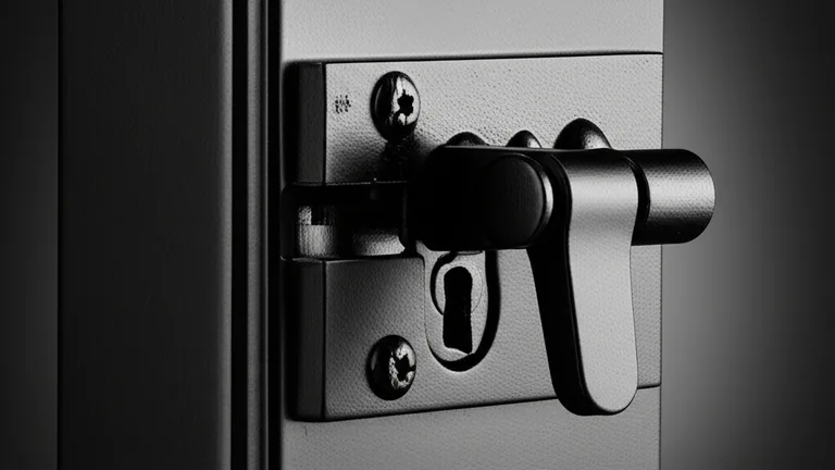 Close-up detail of lever-action hardware on a powder-coated steel apartment door grille mechanism