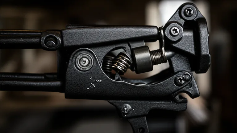 Close-up of a quick-release egress mechanism on a steel telescopic window security bar