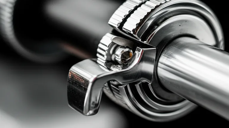 Close-up of telescopic steel security bar locking collar mechanism with machined threads and matte black finish