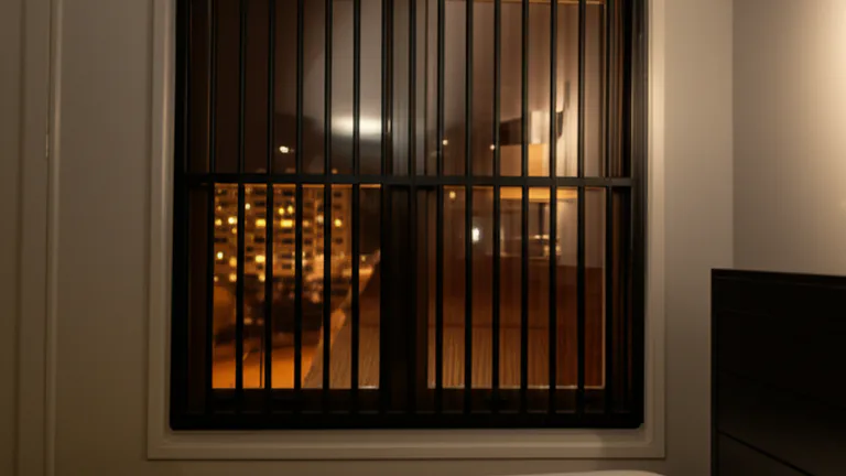 Cozy American bedroom interior with matte black window security bars installed, warm lamplight and nighttime city view beyond glass