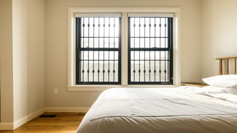 Cozy American bedroom interior with matte black window security bars on a double-hung window with warm morning sunlight