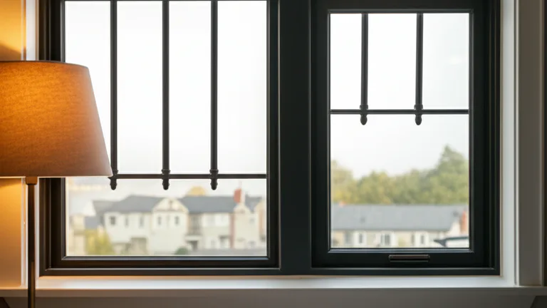 Cozy American bedroom with egress-compliant matte black steel window bars on a double-hung window, warm residential interior lighting