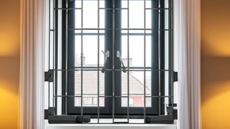 Cozy apartment bedroom interior with egress-compliant matte black steel security bars on a double-hung window showing quick-release mechanism
