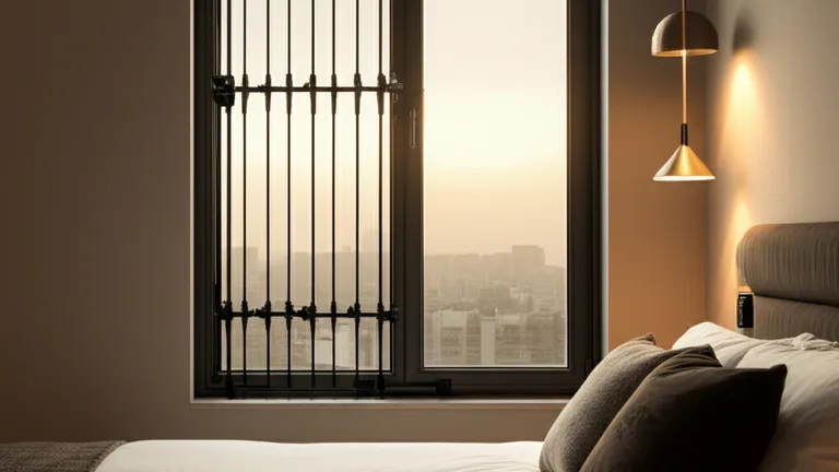 Cozy apartment bedroom with matte black telescopic window security bars installed at the lower sash of a double-hung window