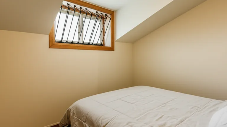 Cozy basement bedroom interior with natural light through a ground-level window protected by matte black telescopic steel security bars