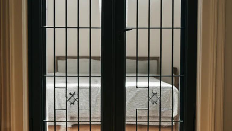 Cozy bedroom interior with Georgian-style black steel window security bars allowing morning light through geometric grid