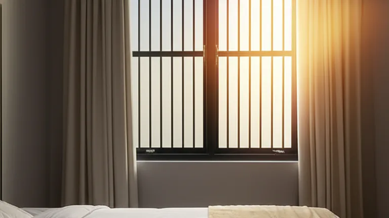 Cozy bedroom interior with matte black egress-compliant steel window security bars installed on a double-hung window with warm morning light