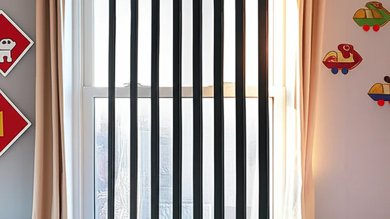Cozy children's bedroom interior with matte black steel safety window bars installed on a double-hung window in warm morning light