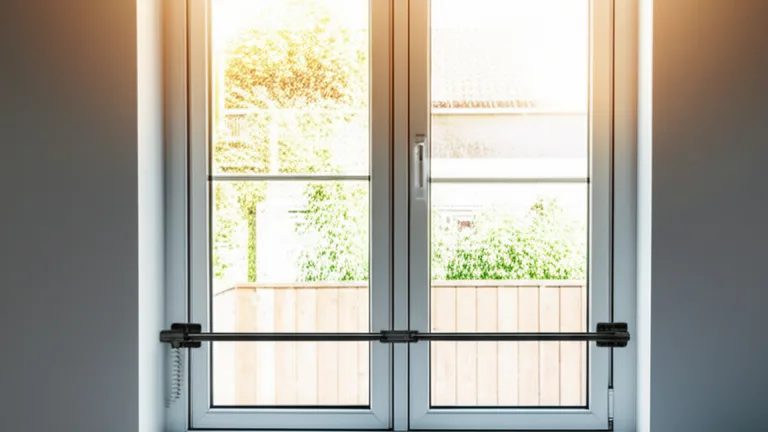 Cozy modern bedroom with matte black steel telescopic security bar installed on white-framed window in morning light