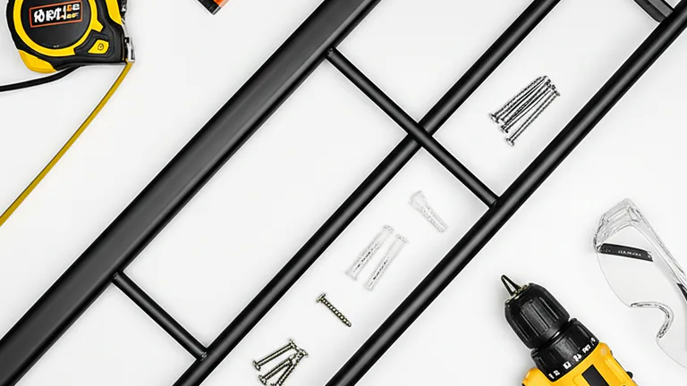 DIY window bar installation tools laid out flat including drill, tape measure, level, stud finder, and steel bar unit