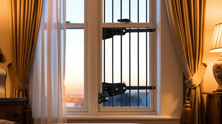 Egress-compliant window security bar with quick-release mechanism installed in a residential bedroom window