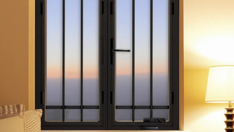 Egress-compliant window security bars with quick-release mechanism installed in a cozy American bedroom window with warm evening lighting