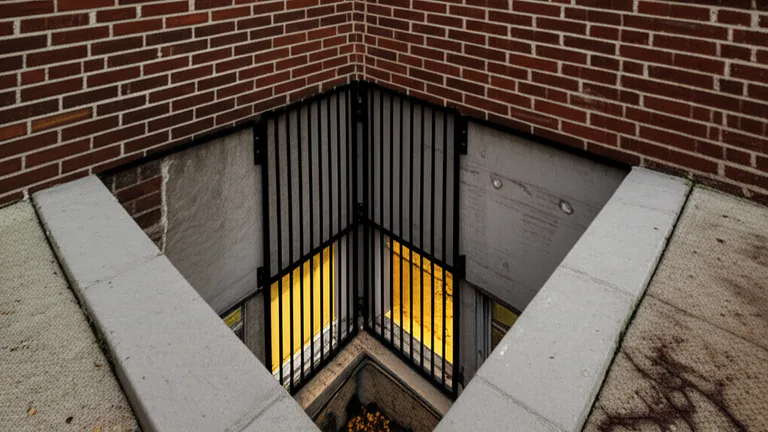 Exterior view of a below-grade basement window well in a brick residential home with vertical matte black steel security bars protecting the window opening at dusk