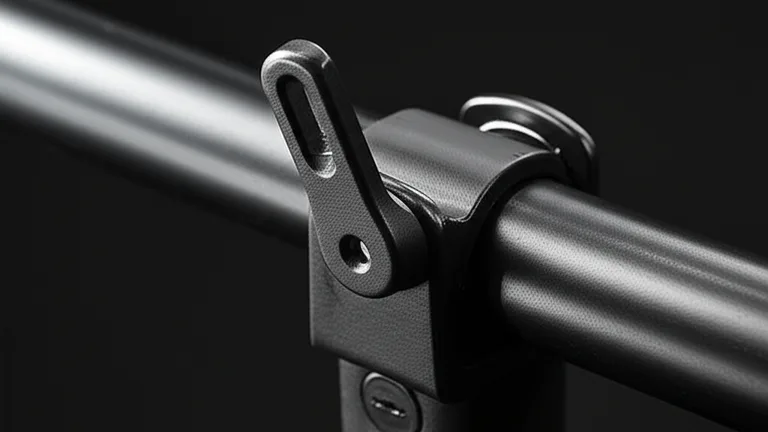 Extreme close-up macro photograph of a quick-release egress mechanism on a matte black steel telescopic window security bar