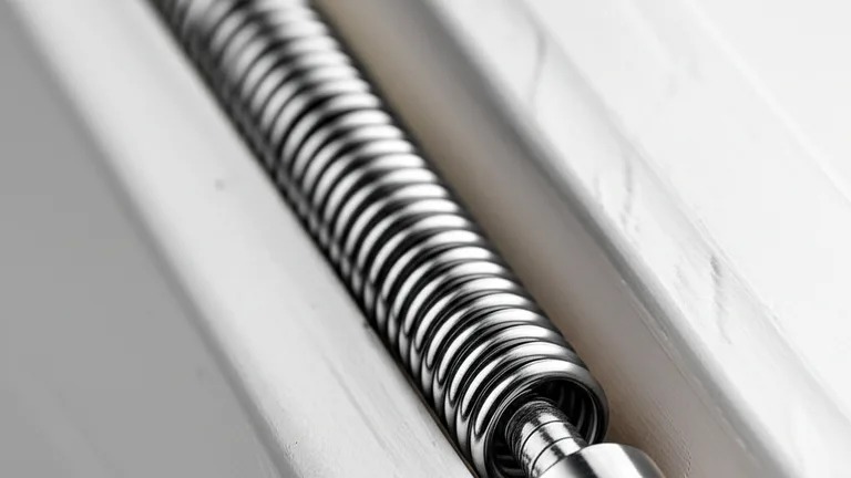 Extreme close-up macro photograph of a telescopic steel window bar spring mechanism pressed against a painted window frame track