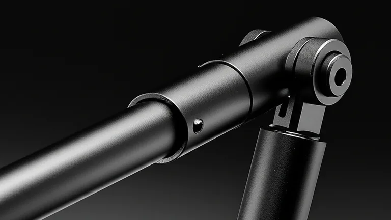 Extreme close-up macro photograph of a telescopic steel window bar adjustment mechanism showing powder-coated matte black finish and tubular steel construction
