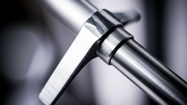 Extreme close-up of a steel quick-release lever mechanism on a telescopic window security bar system with dramatic side lighting