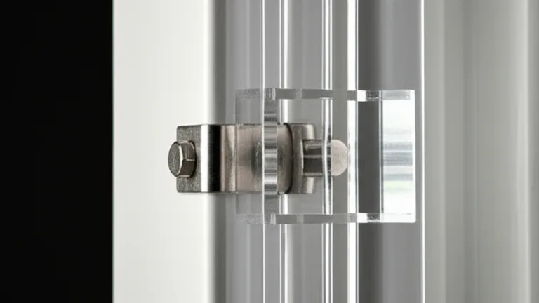 Extreme close-up of a transparent polycarbonate window security bar cross-section with stainless steel mounting bracket