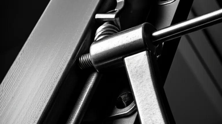 Extreme close-up of patented quick-release lever mechanism on a steel window security bar showing the egress release handle