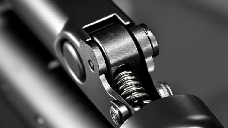 Extreme close-up of steel quick-release egress bar latch mechanism showing spring-loaded pin detail