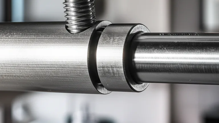 Extreme close-up of steel telescopic window bar adjustment mechanism showing threaded collar and locking hardware in sharp macro focus