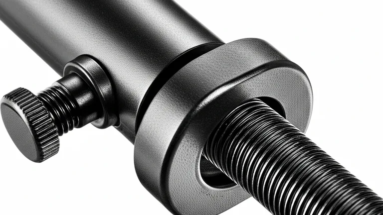 Extreme close-up of telescopic steel window bar adjustable locking mechanism with matte black powder-coated finish