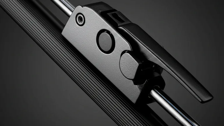 Extreme close-up of the quick-release egress mechanism on a telescopic steel window security bar