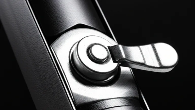 Extreme macro close-up of a quick-release egress lever mechanism on a matte black telescopic steel window bar