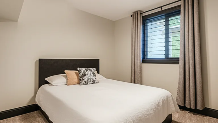 Finished basement bedroom interior with warm lighting showing matte black telescopic security bars installed on a basement window