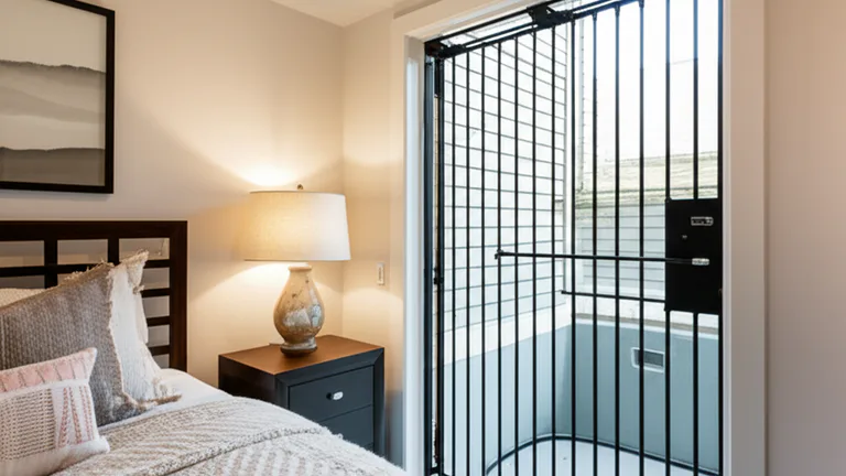 Finished basement bedroom with egress-compliant quick-release window security bars allowing warm natural light through a below-grade window with modern interior furnishings