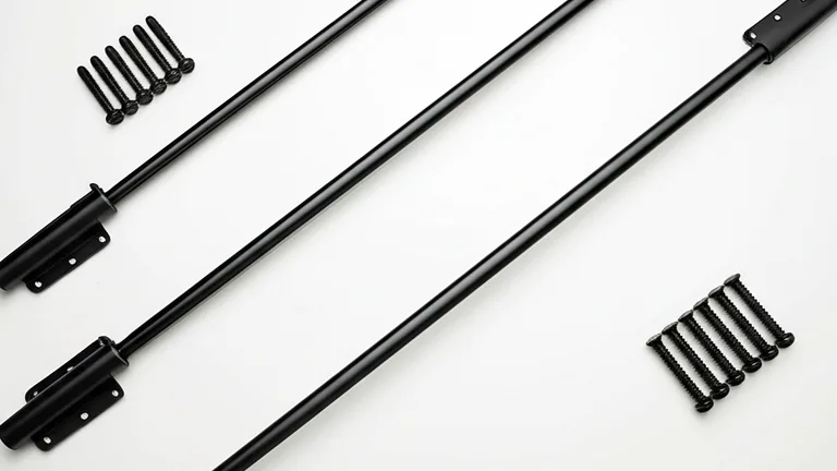 Flat lay overhead product photography of three matte black steel window security bar models with mounting hardware on white surface