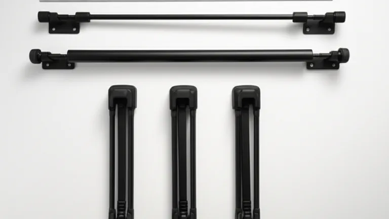 Flat lay overhead product photography of three matte black steel window bar models on a white surface