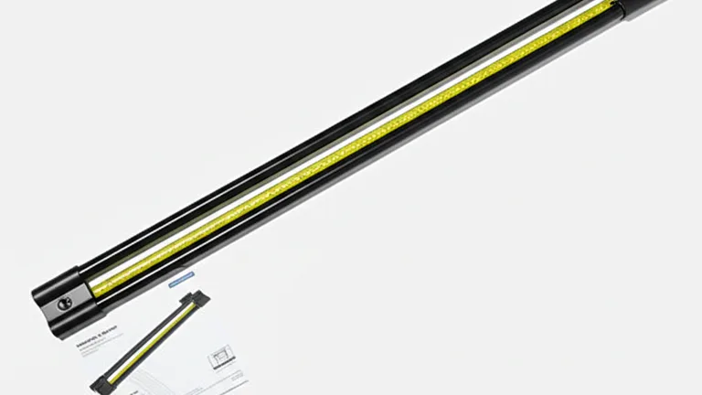 Flat lay overhead view of matte black telescopic egress-compliant window security bar with quick-release mechanism, measuring tape, and installation guide on white surface