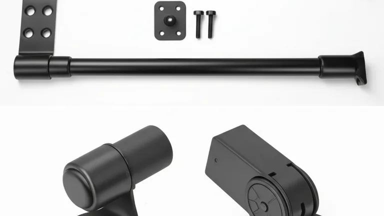 Flat lay product photography of telescopic window security bar components including adjustable bar, wall-mount bracket, and quick-release mechanism