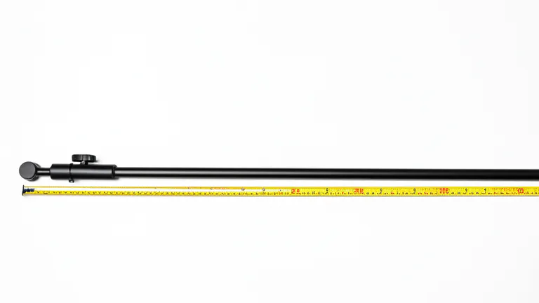 Flat lay product shot of telescopic matte black steel window burglar bar with measuring tape
