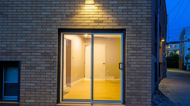 Ground-floor apartment building exterior at dusk showing glass sliding patio door with motion-activated security lighting in urban American neighborhood
