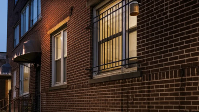 Ground-floor apartment building exterior at dusk showing windows with installed steel security bars on an American residential street