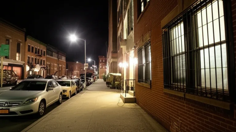Ground-floor apartment building exterior at night with interior-mounted steel security bars visible through illuminated windows