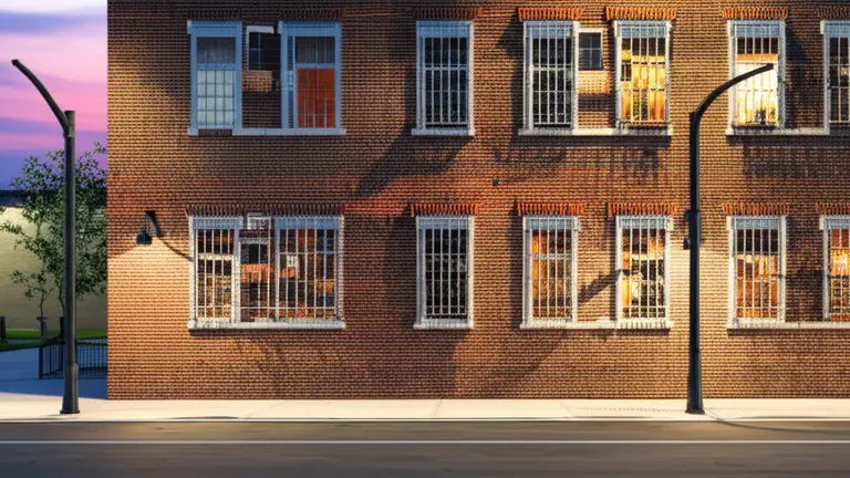 Ground-floor apartment building exterior in an urban American neighborhood at dusk showing windows with security bars in atmospheric moody lighting