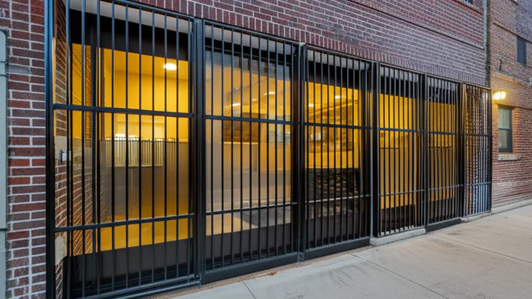 Ground-floor apartment building exterior with matte black steel window security bars visible at dusk in an American city
